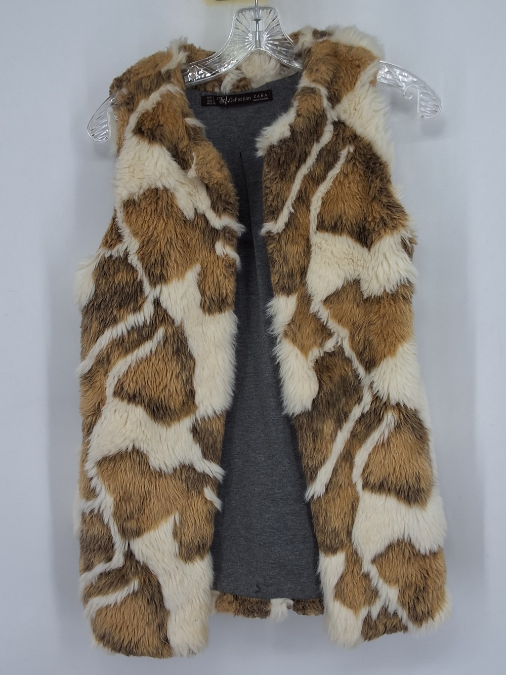 Zara TRF Faux Fur-Trimmed Gray Knit Vest with Cream & Tan Fur